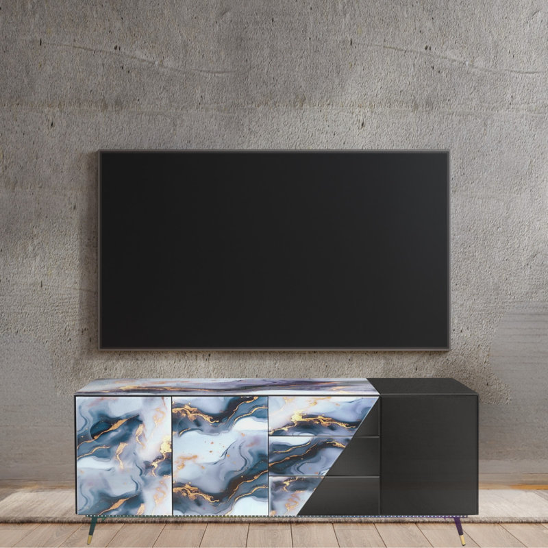 Meuble télé 72 po à miroir noir avec verre imprimé en marbre et 7 couleurs RVB changeant de couleur avec télécommande