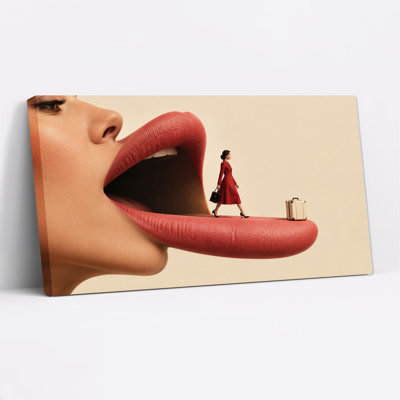 Tiny Woman in Red Suit Walking on Giant Lips With Suitcase Canvas Wall Art