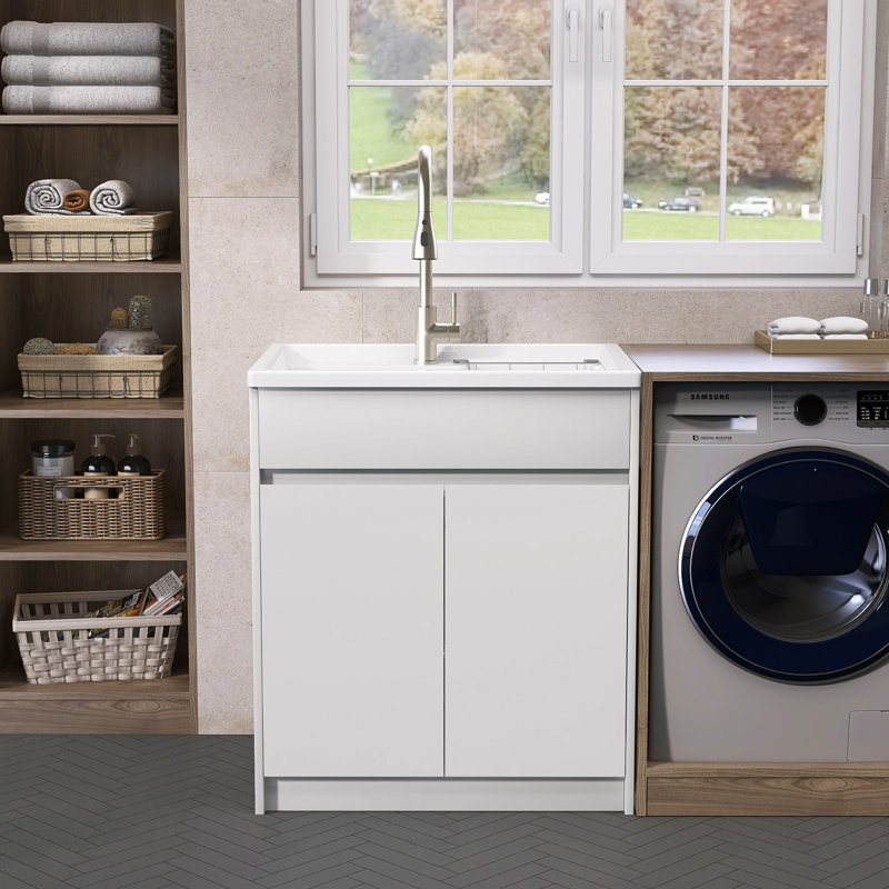 36'' L X 30'' W Kitchen Sink Laundry Soild Surface Sink With Vertical Storage Cabinet, Perfectly Combining Practicality And Aesthetics