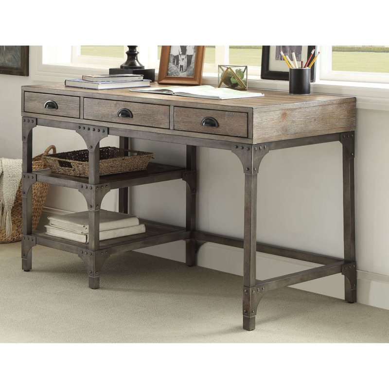 Weathered Oak and Antique Silver Industrial Writing Desk with Drawers