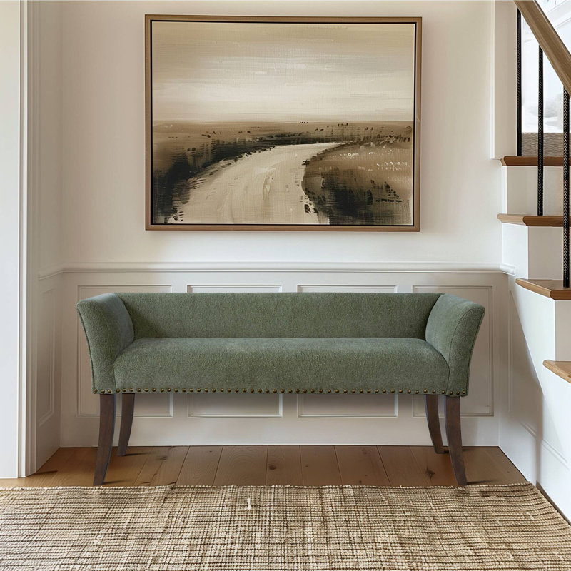 Alfordsville 49.5” Wide Green Upholstered Nailhead Bench with Solid Wood Legs, Green/Dark Walnut