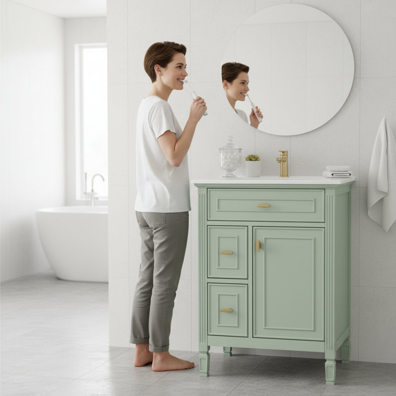 Meuble-lavabo de salle de bain autoportant vert 24 po avec lavabo, armoire en bois massif, tiroirs de rangement et tablette réglable | Idée de cadeau