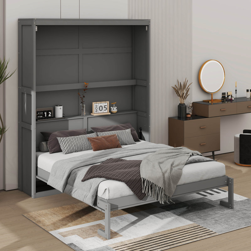 Lit escamotable fonctionnel avec tablettes intégrées, Grand lit, Gris