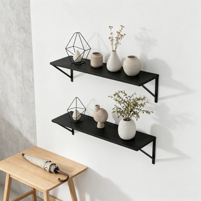 6 Inch Deep Floating Shelves for Wall, Wood Wall Shelves Set of 2, Rustic Wide Floating Bookshelf with Metal Brackets for Living Room, Kitchen, Office, Bedroom
