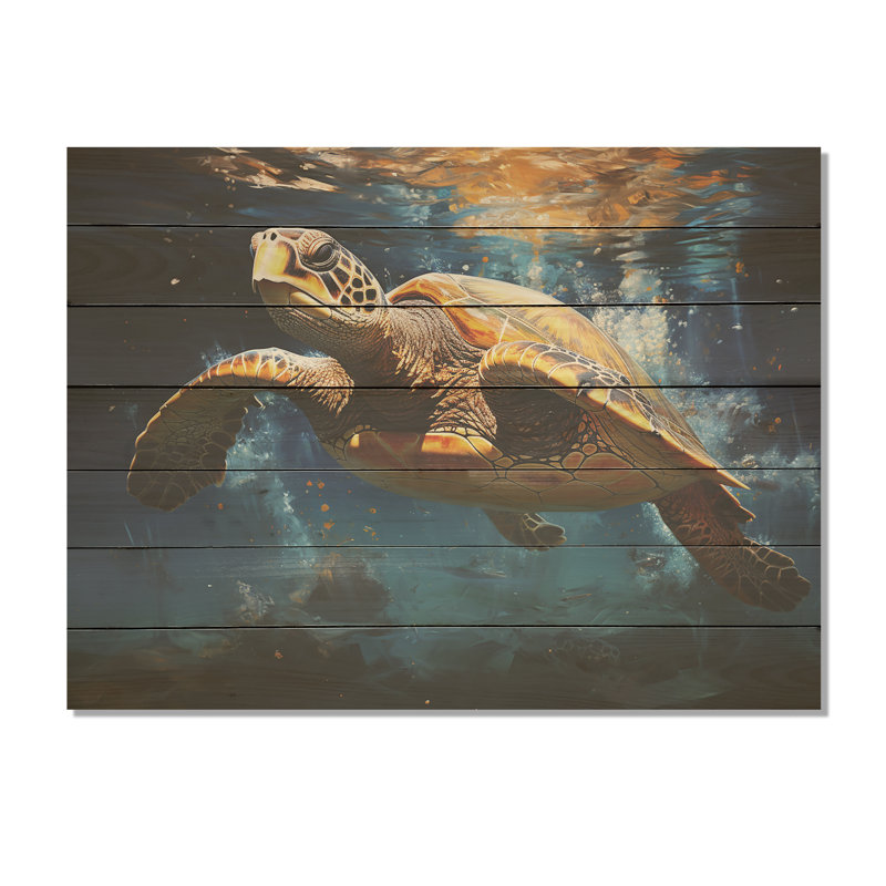 Tidal Tranquillity Oceanic Turtle II - Turtle Animal On Wood Print, 10" H x 20" W x 0.78" D