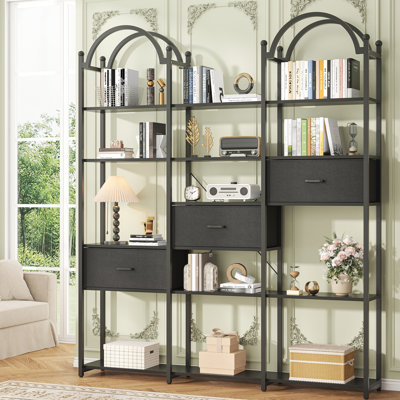 Modern Arched Metal Bookshelf With 6-tier Open Shelves & 3 Removable Fabric Drawers, Diy Modular Storage Unit For Home Office, Living Room Or Bedroom