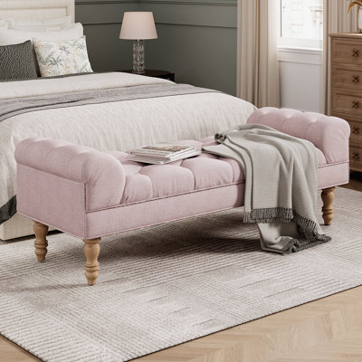 Banc de bout de lit capitonné, grand repose-pieds rembourré, repose-pieds avec pieds, tabouret avec accoudoirs roulés, banc en tissu rembourré, banc d'intérieur pour chambre à coucher, salon, entrée, rose