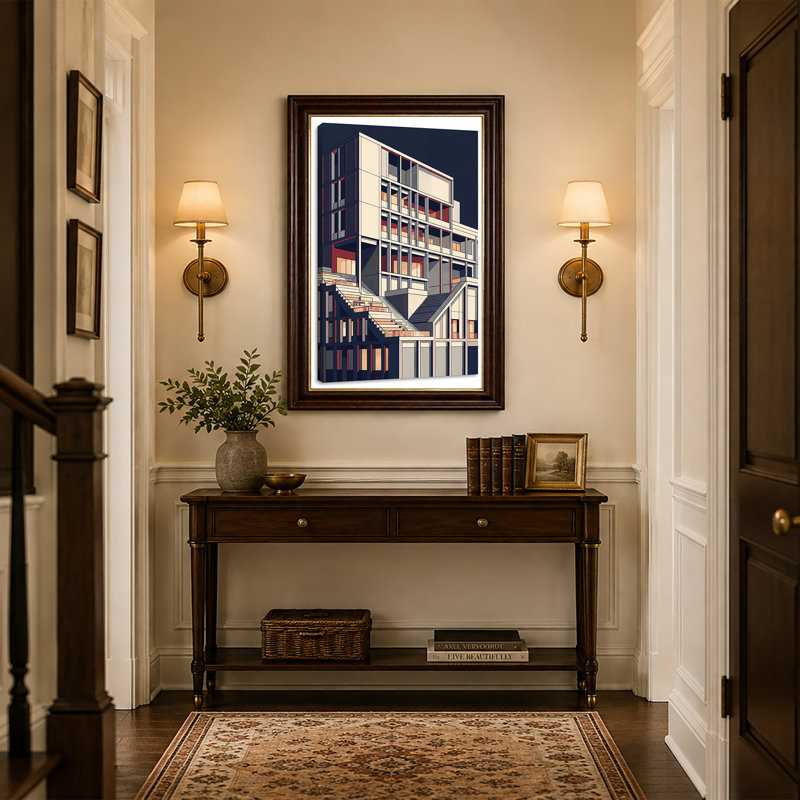 Abstrait bâtiment géométrique sur toile bleu marine, 24"H x 16"W