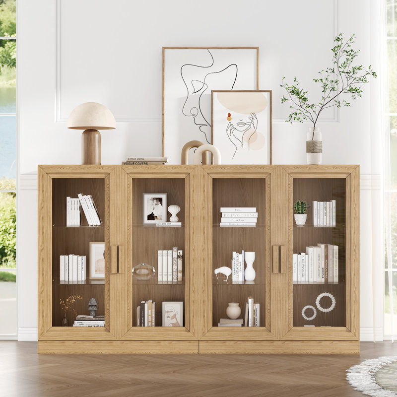 72" Wood China Cabinet Display Cabinet with Glass Doors, Natural Wood