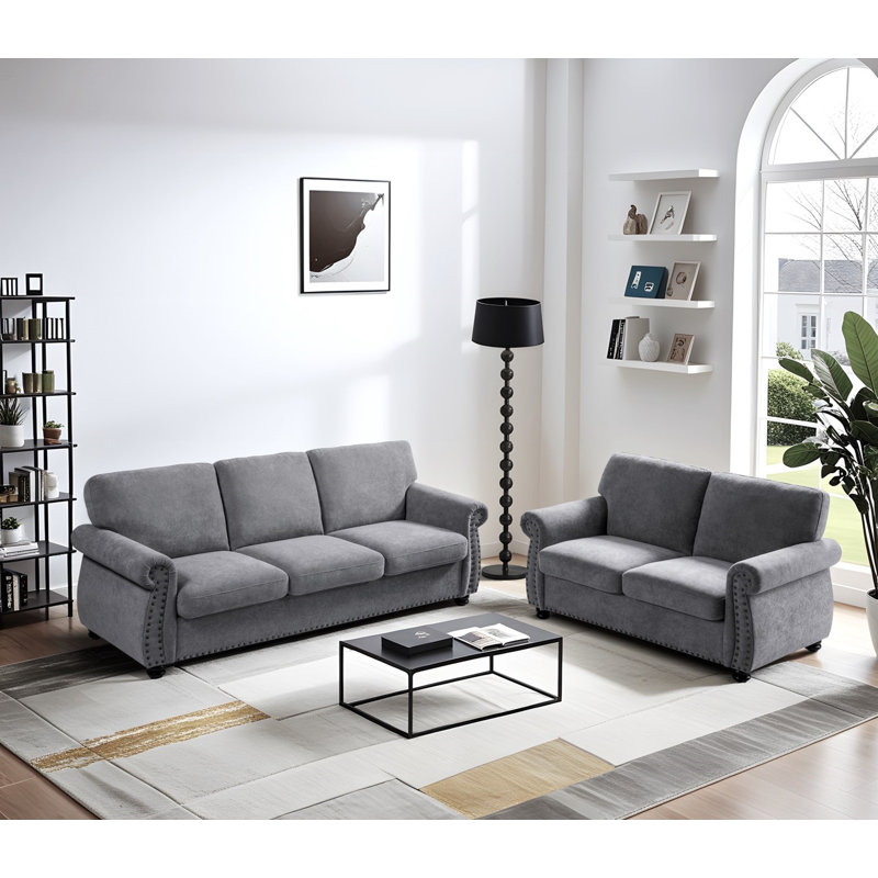 Ensemble de salon rembourré à accoudoirs roulés 2 pièces, Gris