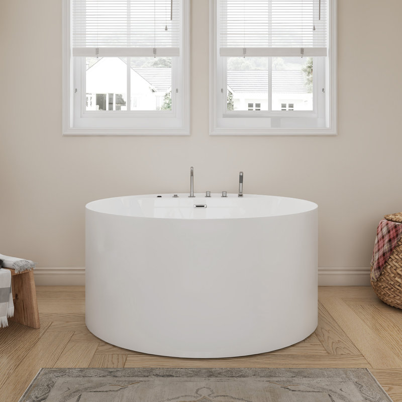 47'' Freestanding Round Acrylic Whirlpool Bathtub, 6 Massage Jets, LED Lighting, And 4-Hole Faucet