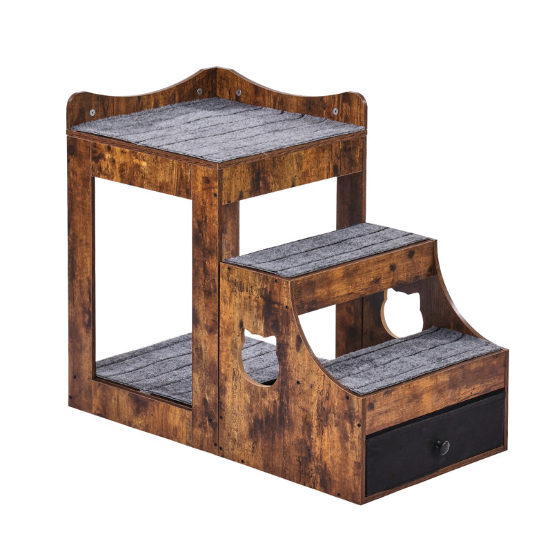 Rustic Brown Wooden Pet Bunk Bed with Storage and Stairs