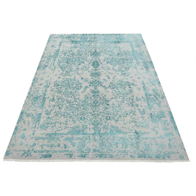 Tapis bleu noué à la main de conception unique 8 pi 2 po x 10 pi 1 po