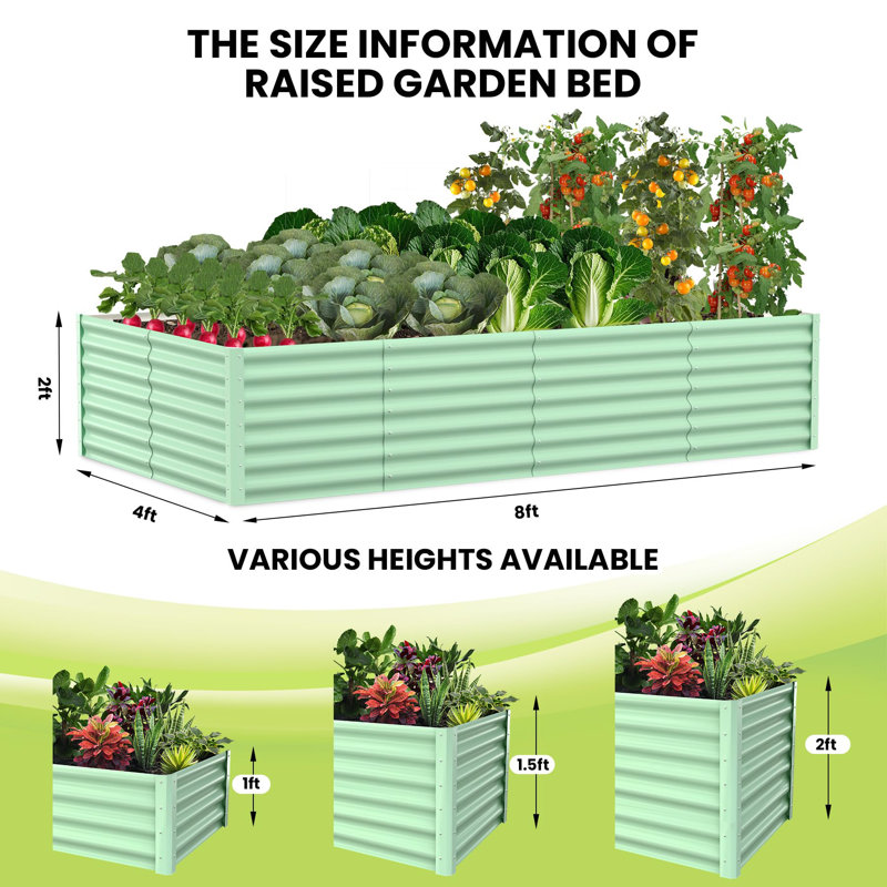 8x4x2 FT Metal Raised Garden Beds Outdoor, Rectangular Planter Box for Planting Plants, Vegetables and Flower, Green, Green