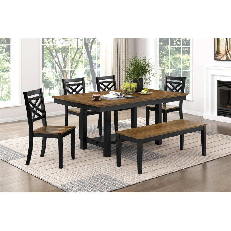 Table de salle à manger 6 pièces 2 tons avec finition brun noir et banc de rangement 4 chaises d'appoint