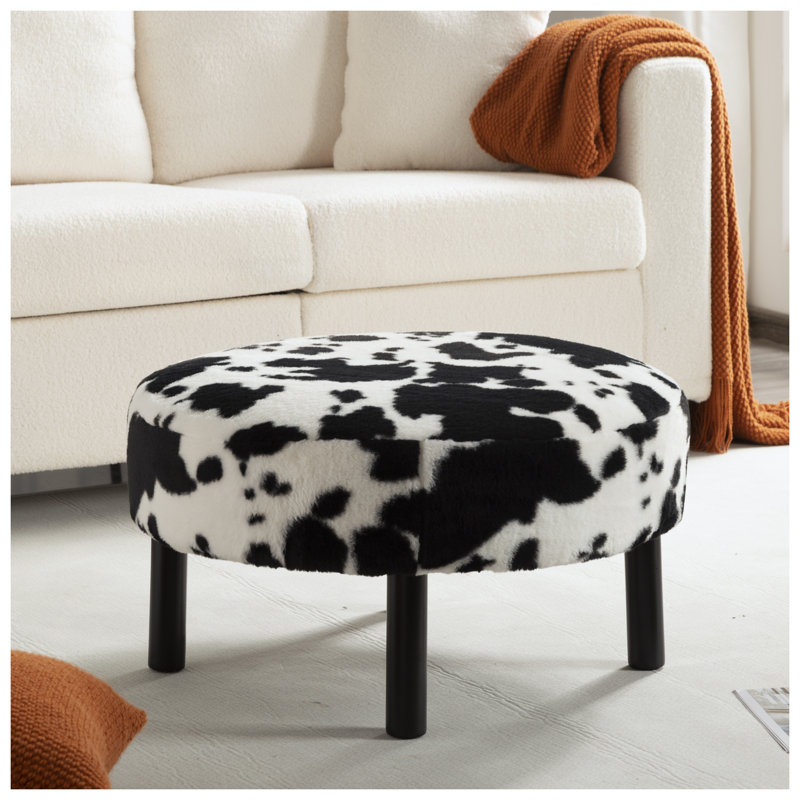Repose-pieds rond 27,56 po en fausse fourrure de lapin noir et blanc, repose-pieds à base d'hévéa et siège supplémentaire