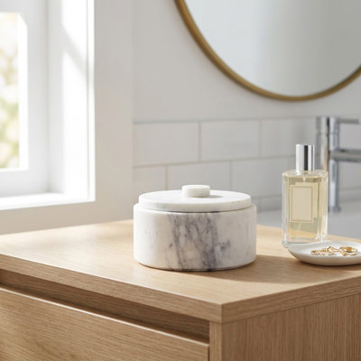 Decorative Round Marble Storage Box with Lid and Knob for Vanity Display - Modern Organizer Keepsake Box for Home Decor - 6", White & Ivory