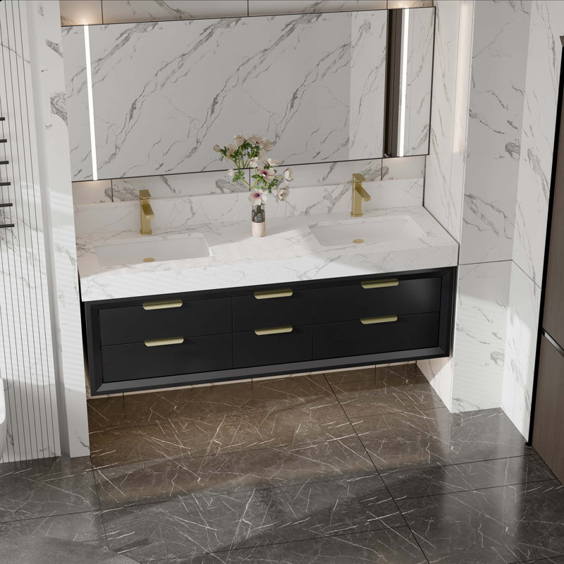 Meuble-lavabo mural de 60 po avec armoire en bois massif Melora, comptoir en pierre naturelle, tiroirs à fermeture en douceur et éclairage de designer DEL Melora