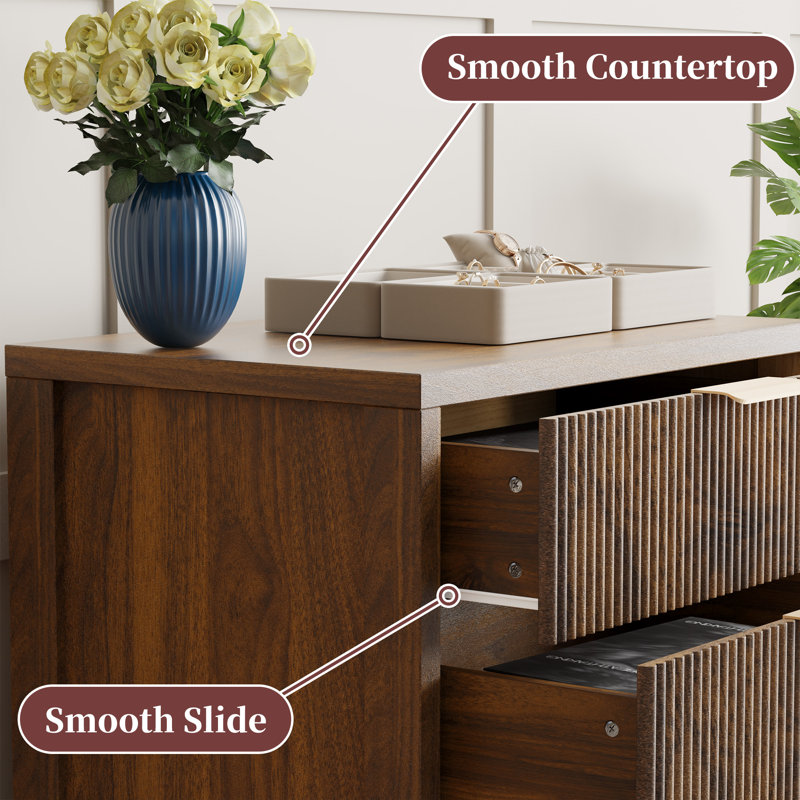 Modern Fluted Bedside Table with 3 Drawers, Walnut, Set of 2