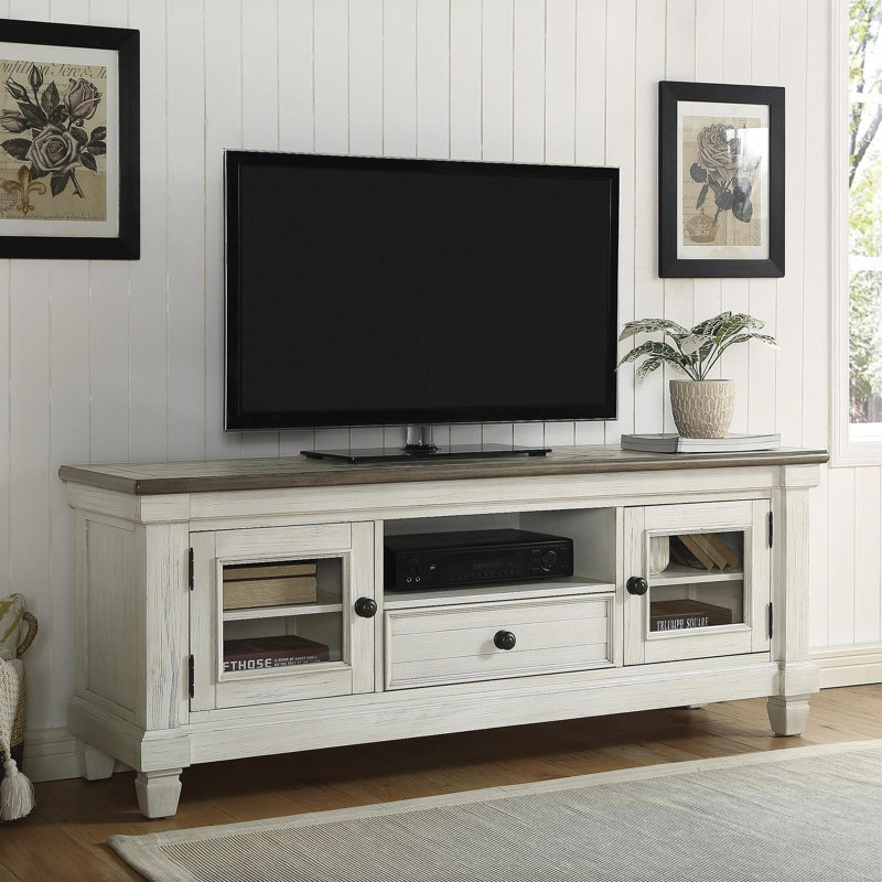 Meuble télé 1 pièce avec armoires de rangement à tiroirs, meuble de salon en bois blanc antique, Antique White