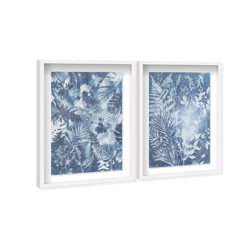 Blue Folliage Set Shadowbox Floral & Botanical Print by Oliver Gal, Black Frame, 10 x 15, 21.5"H x 31.5"W, White Shadowbox