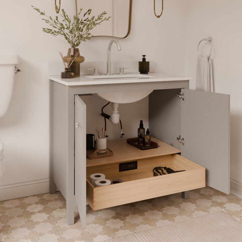 Meuble-lavabo simple 36 po Scalloped - gris clair - sans comptoir - boutons en nickel brossé, Gris, Nickel brossé