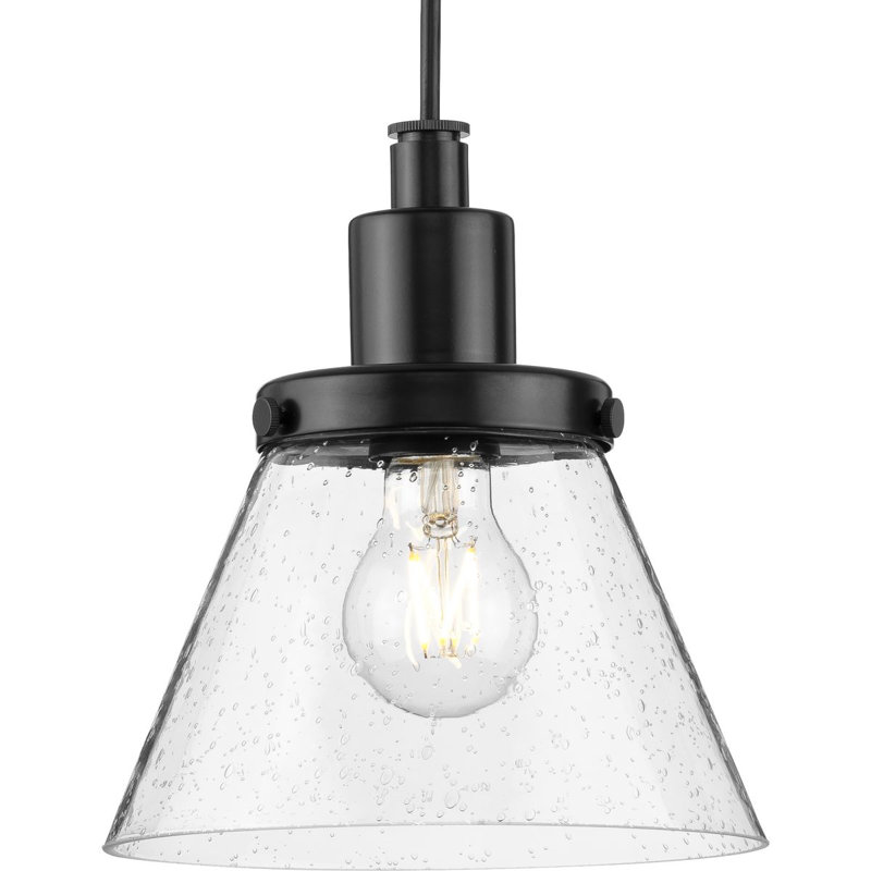 Luminaire suspendu conique à 1 lumière Landrich, Martelée transparente, Noir mat
