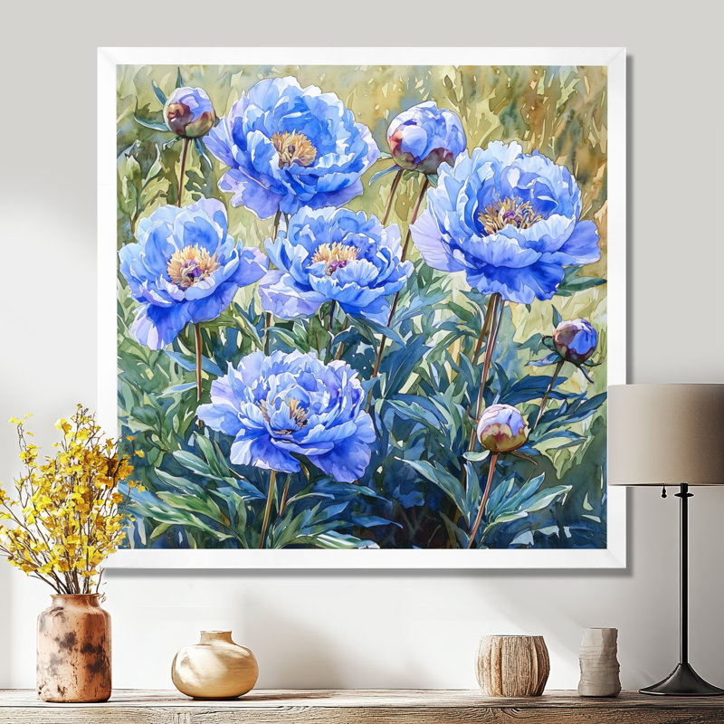 Pivoines bleues et vertes - art mural pivoines, H 16 po x l 16 po, Picture Framed, Blanc