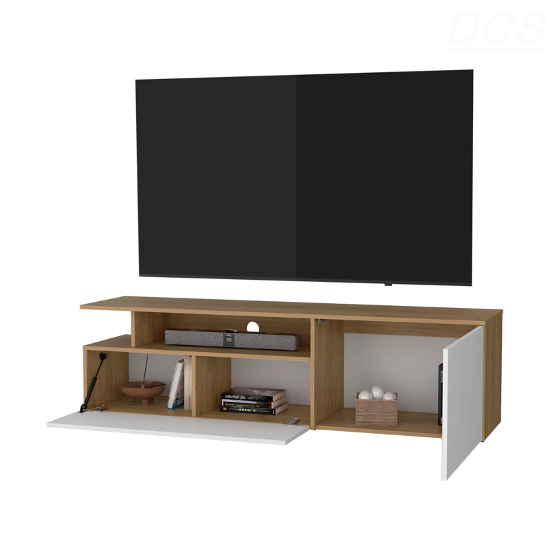 Meuble télé avec porte rabattable et tablette ouverte, meuble télé