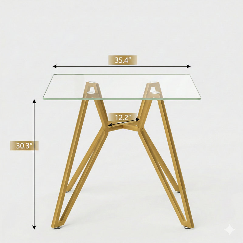 35.4-Inch Square Tempered Glass Dining Table for 2-4, Space-Saving Small Kitchen Table, Sturdy Metal Legs with Gold Finish, Suitable for Dining or Living Room