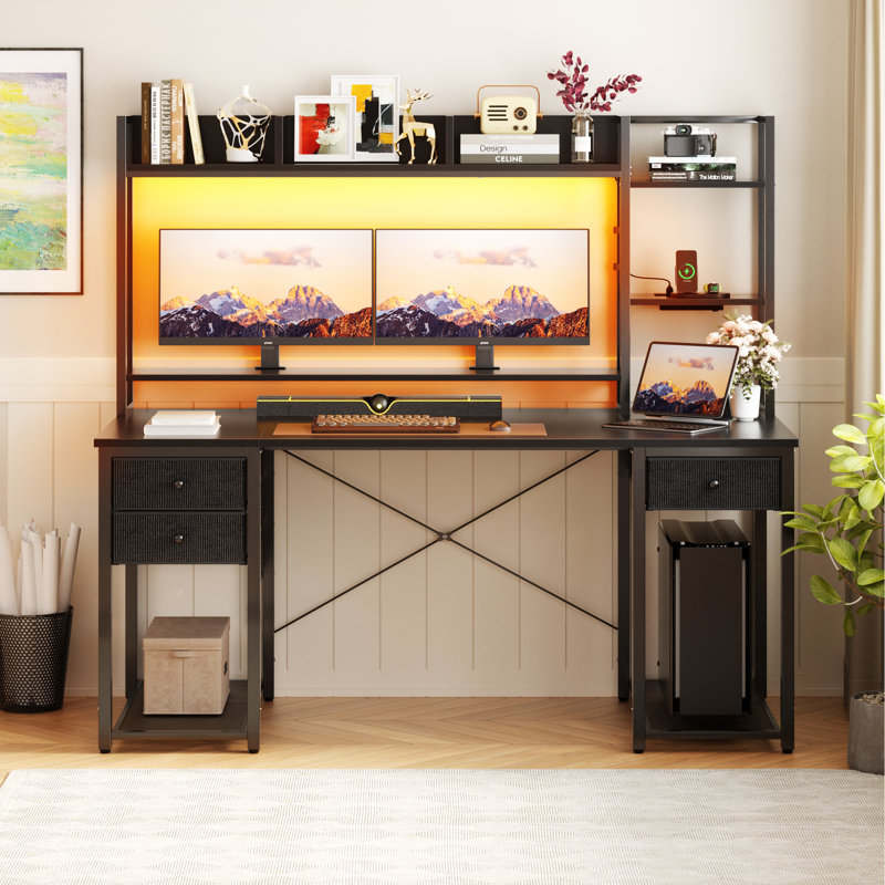 47"-59" Computer Desk with LED Lights & Outlet & Hutch, 59" H x 55.2" W x 18.9" D, Black