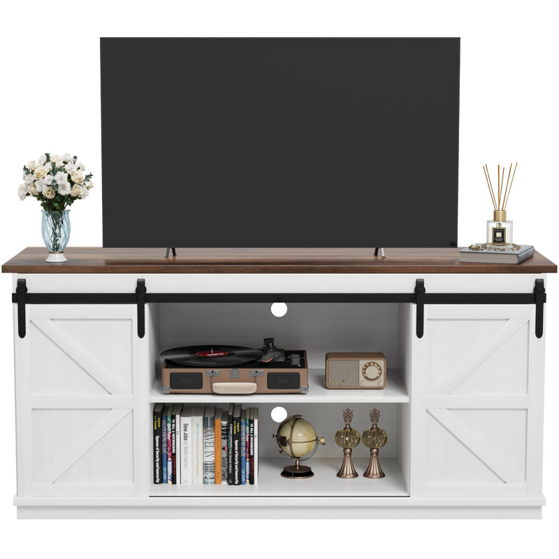 Tv Stand For Tvs Up To 65" With Double Sliding Barn Doors And Storage Cabinets, White Wood