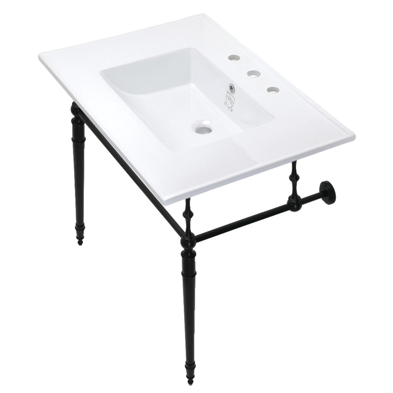 Kingston Brass Edwardian 31-Inch Ceramic Console Sink with Brass Legs, White/Matte Black, 8" Centers