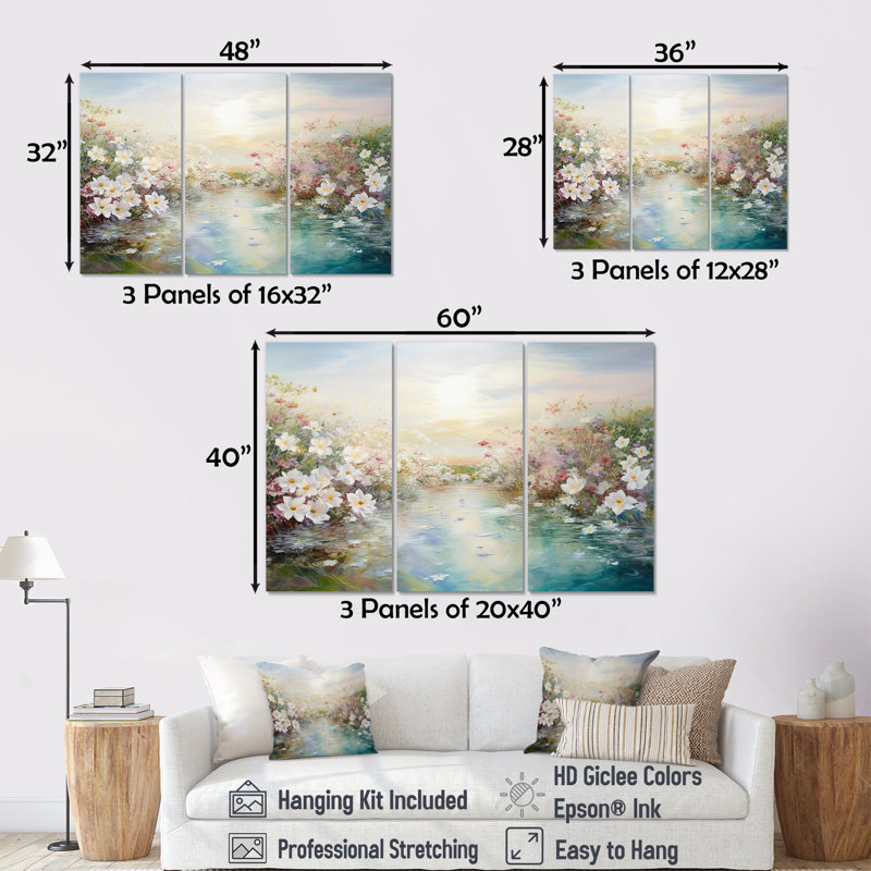 Simplity Wreath Green Flower Field I - Flower Art Wall Art, ensemble d'impression, H 28 po x l 36 po x P 1 po, Toile tendue