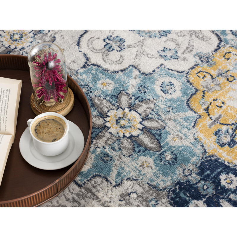 Kymiere Abstract Area Rug in Blue/Mustard Yellow, Rectangle 3'9" x 5'6"