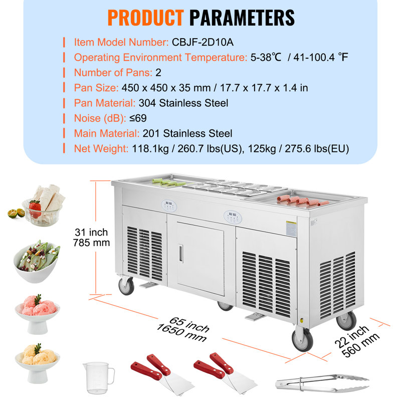 Machine à crème glacée roulée à la machine 17,7 x 17,7 po 2 casseroles VEVOR