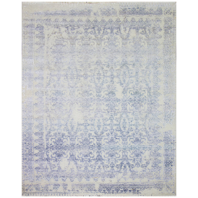 Tapis argent / gris / bleu noué à la main de haute qualité, Rectangle 8 pi x 10 pi