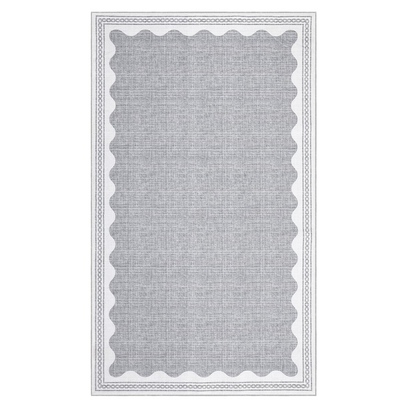 Scalloped Machine Washable Rug Modern Solid Floor Mats with Non-Slip Backing, Stain-Resistant Low Pile Accent Rug, Contemporary Indoor Carpet for Living Room, Bedroom, Office