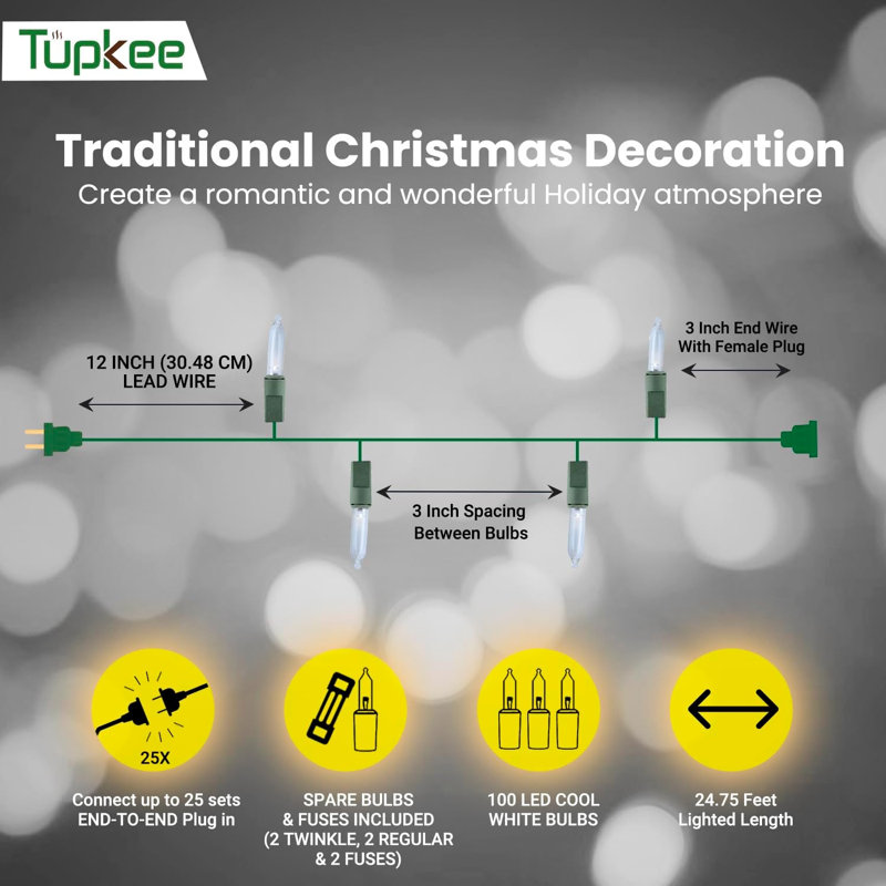 Éclairage de Noël à lumières scintillantes à DEL - 16 de 100 ampoules scintillantes - lumières d'arbre de Noël blanc froid à DEL - intérieur extérieur - guirlande lumineuse de 24,75 pieds, scintillant scintillant