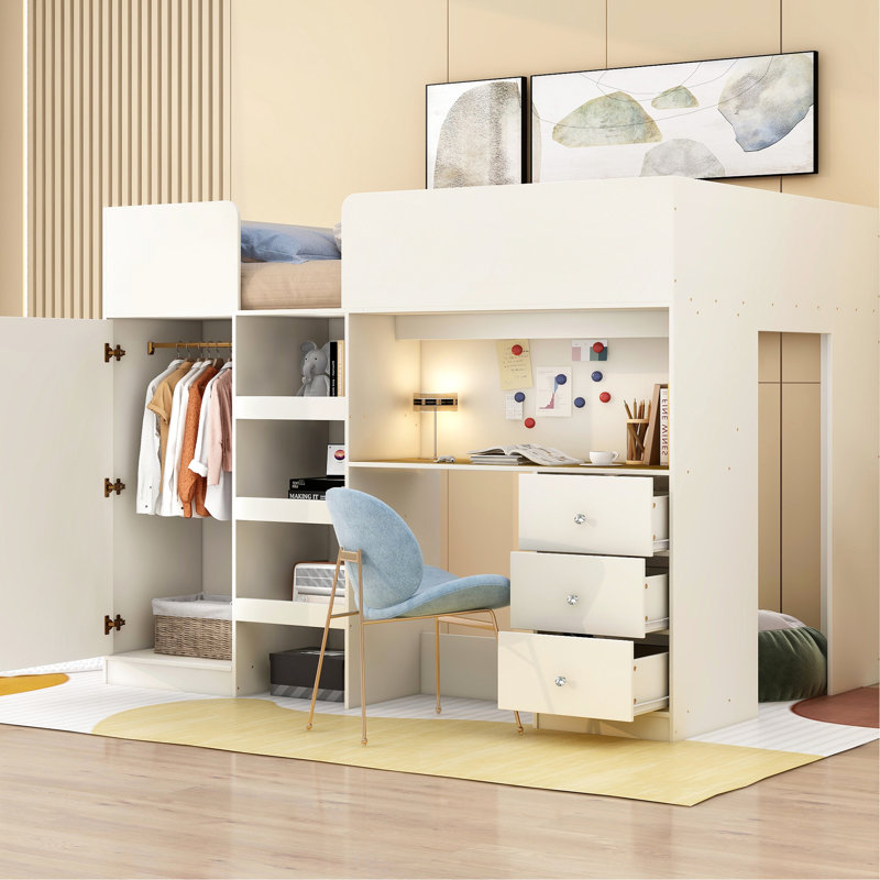 Beige Full Size Loft Bed With Storage, Drawers And Desk - Structure Wood Size Integrated Wardrobe, Storage Shelves, & In