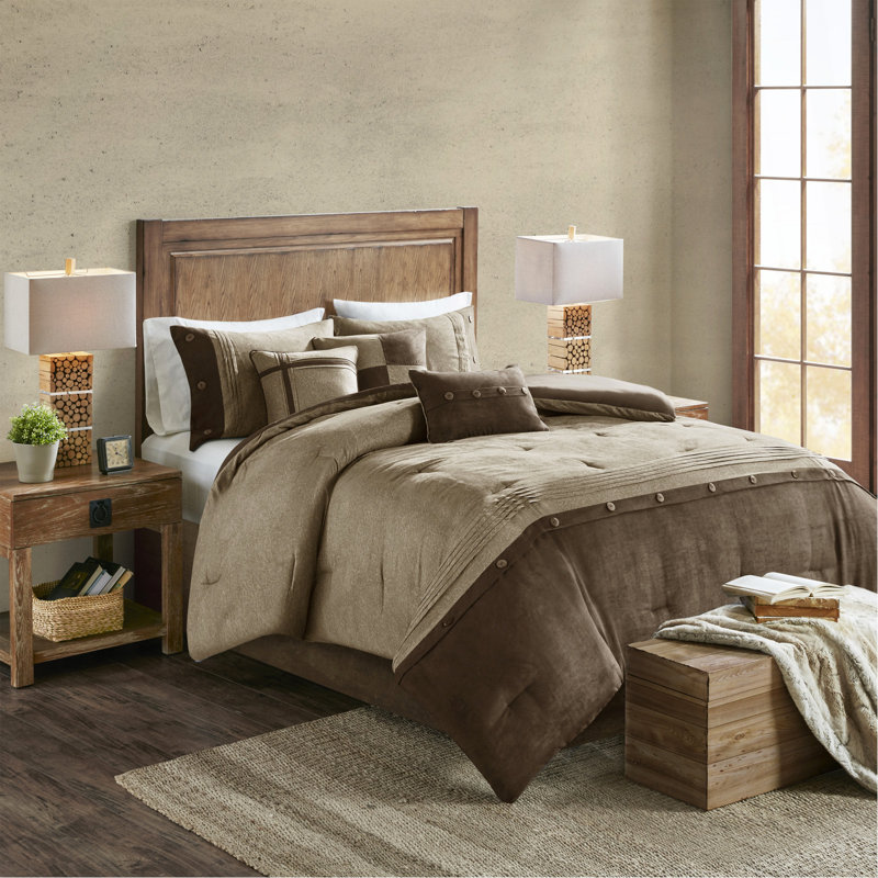 Ensemble d'édredon en faux suède 7 pièces très grand brun, King Comforter + 6 Additional Pieces, Patchwork brun