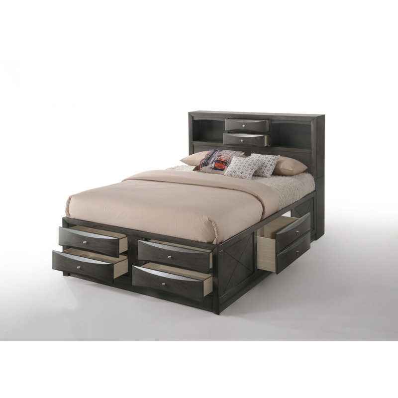 Transitional Gray Oak Queen Bed with Bookcase and Storage Drawers