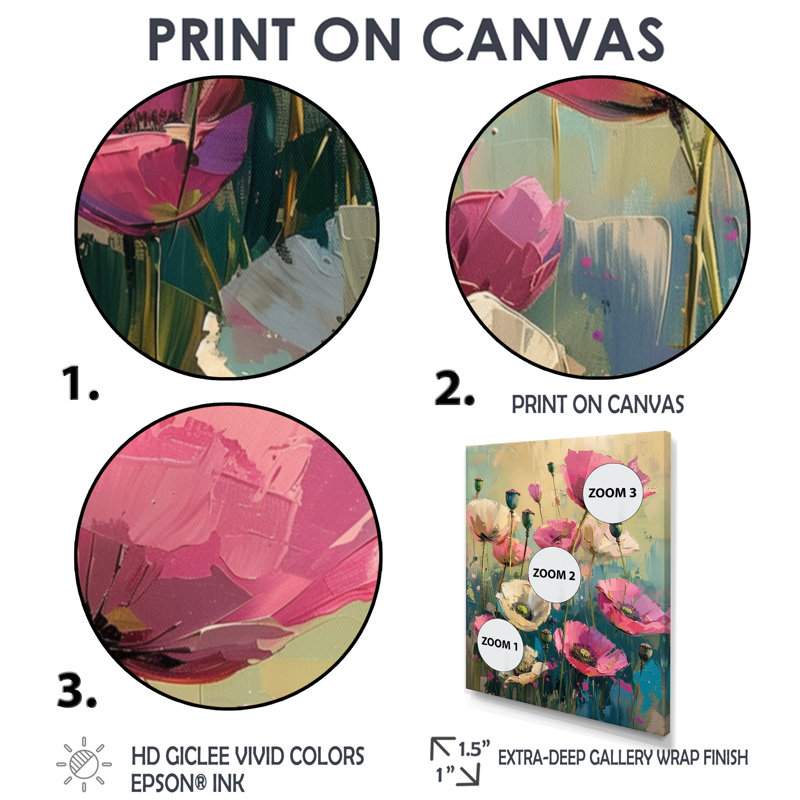 «Pink White Vibrant Symphony Poppies I», reproduction d'art murale coquelicots, Toile avec cadre flottant noir