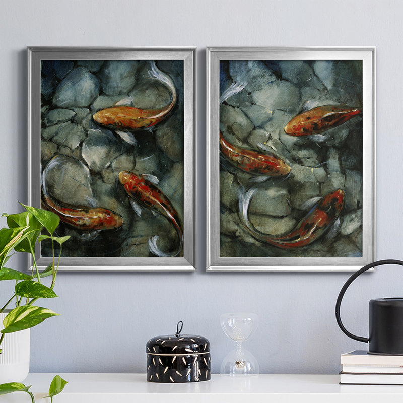 Tres Koi I, reproduction encadrée de qualité supérieure - prête à être accrochée, Argent, H 30,5 po x l 45 po x P 1 po