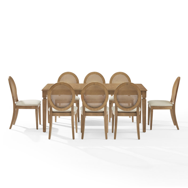 Jacolyn 9pc Dining Table Set For 8 Cane-back Upholstered Chairs, 9 Pieces: Table, 8 Chairs