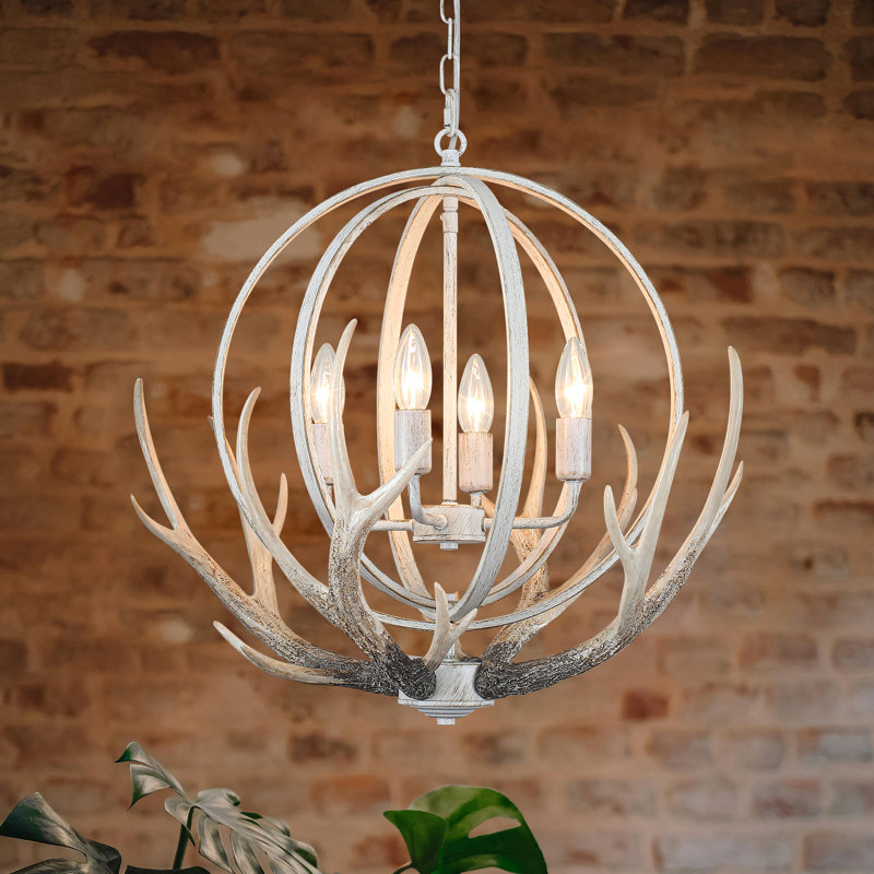 4 - Light 20.4'' Dimmable Rustic Farmhouse Chandelier With Resin 4 - Antlers And Retro Metal Globe Shade, Distressed White