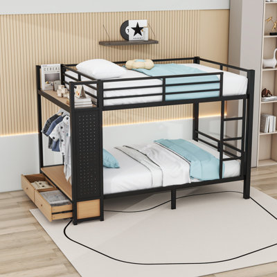 Bunk Bed With Storage Shelves, Drawers, Pegboard And Hanging Rod