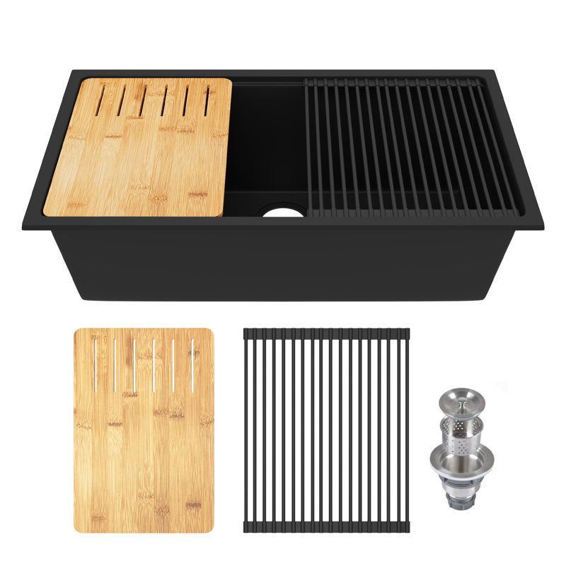 DeerValley 33" x 19" Rectangular Undermount Workstation Single Bowl Quartz Kitchen Sink with Accessories, Matte Black