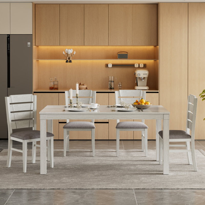 5 Piece Dining Table Set with 4 Upholstered Chairs, Solid Wood Rectangular Kitchen Table and Chairs Set, Mid-Century Modern Farmhouse Dining Room Table Set
