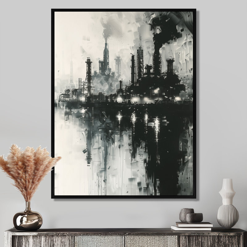 Gris Petrochemical Petrochemical Panorama, Toile avec cadre flottant noir, H 30 po x l 40 po x P 1,5 po